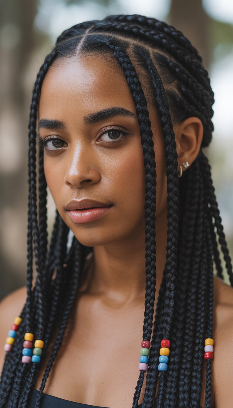 Close-up of a Black woman with French braids decorated with colorful beads, looking confidently at the camera.